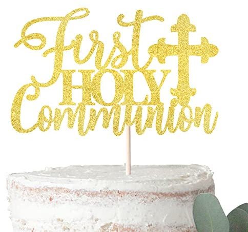 Xsstarmi 1 PCS First Holy Communion Cake Topper Glitter Christian Baby Baptism God Bless Cake Pick First Communion Theme Baby Shower Birthday Party Cake Decorations Supplies Gold