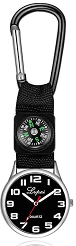 TeamSky Multifunktions-Sportuhr, Herren-Aluminium-Backpacker-Clip-Uhr mit Kompass-Karabiner für Outdoor-Camping-Klettern (Schwarz)