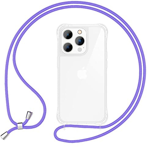 NALIA Handyhülle mit Kette kompatibel mit iPhone 14 Pro Hülle, Transparente Schutzhülle & Handy-Schnur zum Umhängen, Robust Vergilbungsfrei Klar, Hardcase & Silikon Rahmen, Kordel, Farbe:Lila