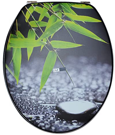 BM 7008 Copriwater Sedile Tavoletta WC Universale Coperchio Toilet Seat Bagno in Legno MDF Nero Decorato Motivo Pietre Bambu Triple Black, Misura Standard Fissaggio dal Basso Cerniere in Acciaio