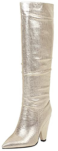 Stivali Alti da Donna con Tacco a Cono, Stivali da Festa Tacco Alto Appuntito Boots Senza Chiusura 106 Oro Numero 34 EU