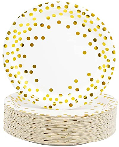 CEILIWEN Weiß und Gold Teller, Weiß Gold Pappteller, 7'' Polka Dot Pappteller, Papier Partyteller, Gold Partyteller, Packung mit 50