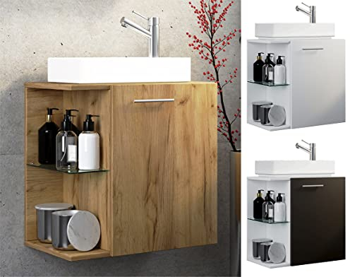 VCM 2-TLG Badmöbel Set Gäste WC Gästebad Waschplatz Waschtisch klein schmal Hausa Honig-Eiche