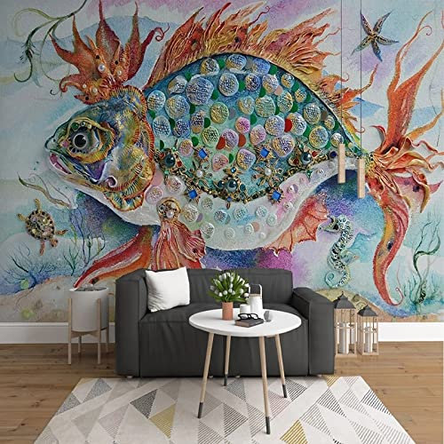 KOMEDO Benutzerdefinierte Wandtapete 3D Stereo Relief Fisch Perle Tapete Wohnzimmer TV Studie Sofa Hintergrund Wohnkultur 3D -450X300cm