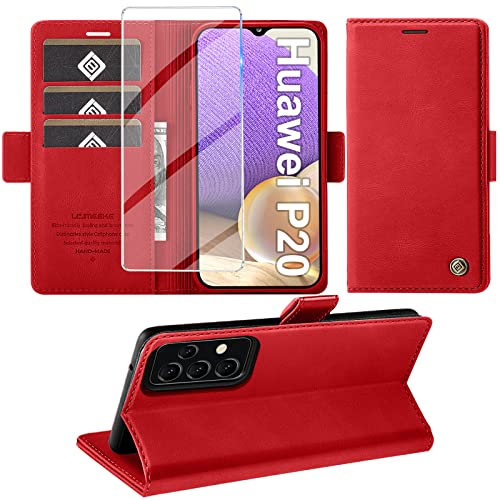 Giyer Handyhülle für Huawei P20 Hülle mit Schutzfolie, Standfunktion Kartenfach Wallet Premium Leder Schutzhülle P20 Flip Case Cover Stoßfeste Klapphülle für Huawei P20 5.8 Zoll Hüllen (Rot)