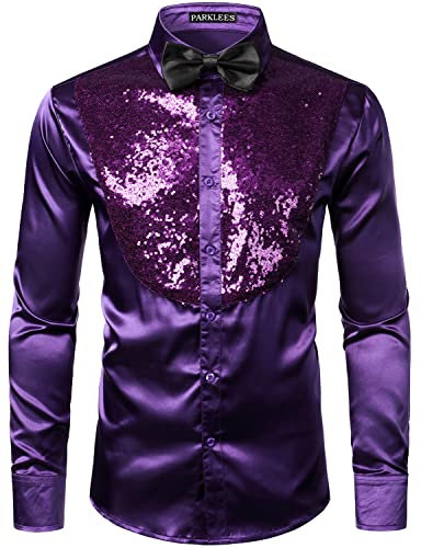 PARKLEES Camicie di lusso di seta lucida come raso manica lunga abito per feste discoteca Prom, Zlcl22-viola, S