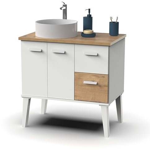 Miroytengo Mueble de Baño Aqua Estilo Nórdico en Color Blanco y Roble Gold con 2 Puertas y 2 Cajones 82x92x50 cm (Lavabo Cerámico)
