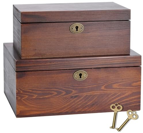 Saijax Holzkiste mit Klappdeckel – 2 Stück – Vintage dekorative & abschließbare Truhe – für Andenken, Wertsachen, Accessoires, wertvolle Gegenstände – Walnuss-ähnliches Holz-Finish, Scharniere aus