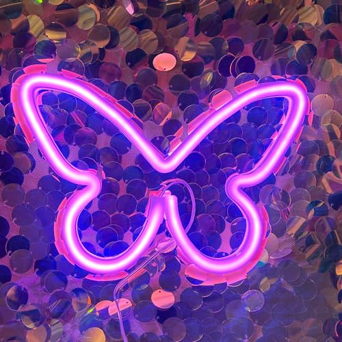 Schmetterlings-Neonlicht-LED-Schild für Raumdekoration, USB- oder 3-AA-batteriebetriebene Schilder für Mädchen, Wanddekoration, Party, Valentinstag, Weihnachten, Wohnzimmer, Kinder (Rosa)