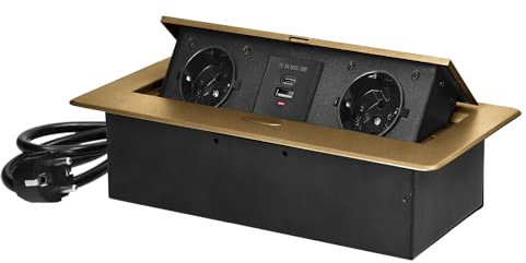 Miratic Bloc Prise Encastrable Plan de Travail avec Bord Plat et 2 Prises Schuko Multiprise Bureau avec 2X USB Type A et C et Câble de 1,5 m Norme Allemande Bloc Prise Escamotable (Schuko) (doré)