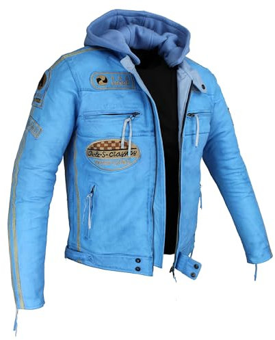 Herren Motorrad Lederjacek Biker Jacke mit Kapuze und Protektoren Custom Leder Jacke Bike Leatherjacket (DE/NL/SE/PL, Alphanumerisch, XL, Regular, Regular, Blau)