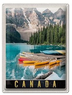 DekoNo7 Blechschild 40 x 30 cm Canada Motiv: Boote am Fluss