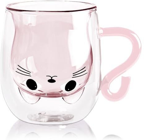 TULEBOLIAN Cute Cat Mugs with Handle, 270ml Double Wall Glass, Milk Coffee Mug, Gifts for Women, Wife, Friend, Valentine's, Easter