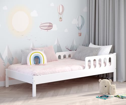 Finn Kinderbett 90x200 cm-Jugendbett weiß, 30 kg schwer, bis 150 kg belastbar, extra starker Roll-Lattenrost, halboffen