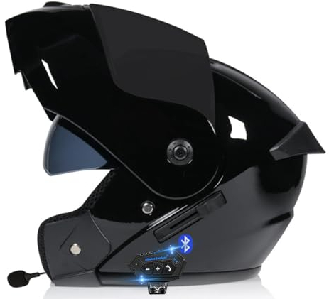 RQTEUYE Motorradhelm Klapphelm Mit Bluetooth, Motorrad Bluetooth Modularer Helm ECE Zertifizierter, Integralhelm mit Doppelvisier, für Automatische Antwort Helm Herren Damen (21.6-24.4in)