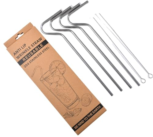 Limtula Paille anti-rides réutilisable en acier inoxydable avec brosse longue et courbée pour boissons, cocktails, café, paille en acier inoxydable avec brosse