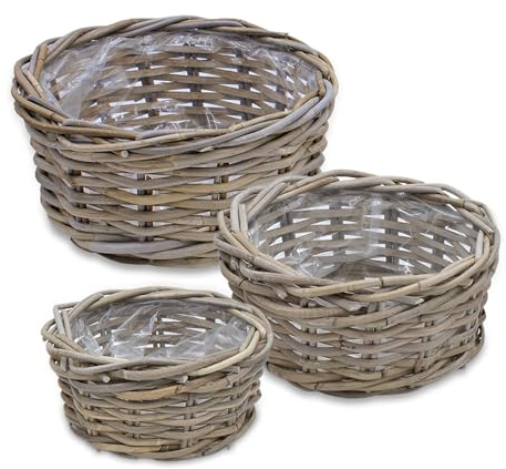 Pflanzschale aus Rattan im 3er Set - 30/26 / 21 cm - Blumentopf mit Folie ausgekleidet - Garten Deko Pflanztopf Weidekorb Blumenkorb Pflanzkorb Flechtkorb für Blumen