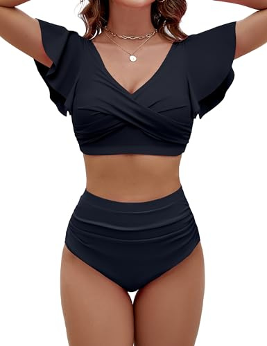 BMJL Womens High Waisted Bathing Suits Tummy Control Two Piece Swimsuits Ruffle Bikini Sets Criss Cross Ruched Swimwear, Black, Large