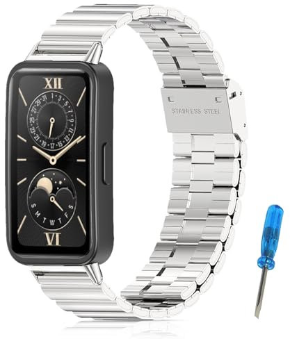 Xisair Correa de Repuesto Compatible con Huawei Band 10/9/8 Relojes Inteligentes Pulseras de Metal de Acero Inoxidable, Plata