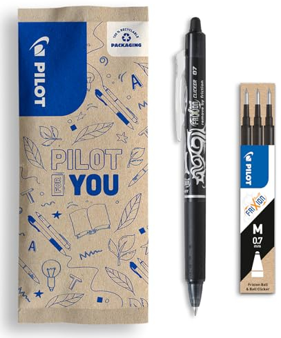 PILOT - Set aus 1 FriXion Clicker + 1 Set aus 3 Minen - Radierbarer Stift mit Druckmechanik und wärmeempfindlicher Tinte - Nachfüllbar und komfortabel - Schwarz - Mittlere Spitze