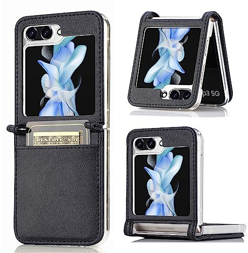 Wuhaizher Samsung Z Flip 6 Case with Card Holder Shockproof Foldable Leather Ultra Thin Wallet Case with PC Back Cover Anti-Scratch Protective Phone Case for Samsung Galaxy Z Flip6 5G, Black