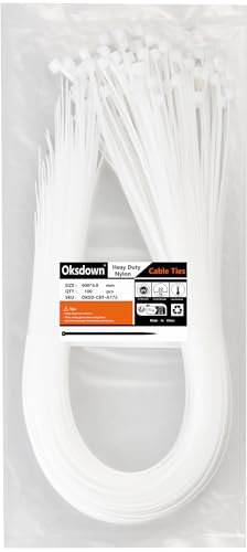 Oksdown 100 Pack White Thick Cable Ties Heavy Duty Large 600mm×4.8mm Strong Clear Nylon Plastic Self Locking 24 inch/60 cm Extra Long Zip Tie Wraps
