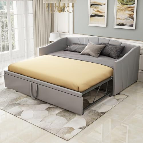 Idemon Cama acolchada para invitados, sofá cama extensible 90/180 x 200 cm, con somier, cama multifunción en tela de terciopelo beige agradable al tacto (gris)