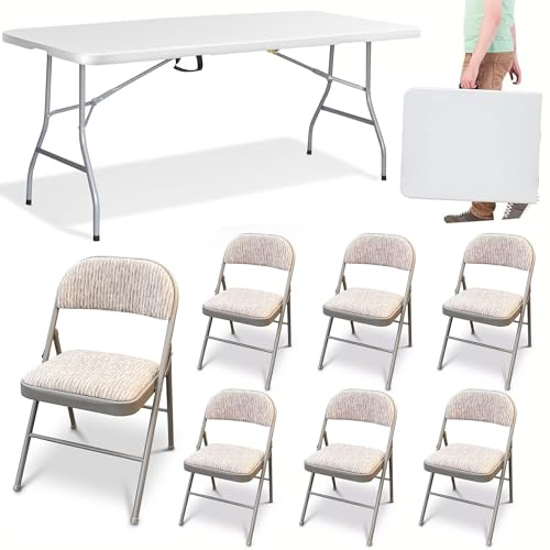JupiterJX 6x Heavy Duty Foldable Chairs With Folding Table 6ft, Lightweight And Portable Camping Table For Catering, Party Indoor & Outdoor Durable Dining Set (6 Pack Chairs With Folding Table)