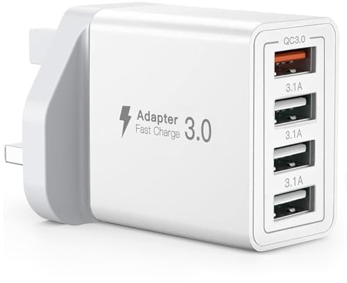USB Plug, 4-Port Wall Fast Charger, UK Power Adapter with 33W Intelligent QC3.0, Multiple USBA Charging compatible with iPhone 16 15 14 13 12 Pro Max XS XR SE,Samsung, iPad
