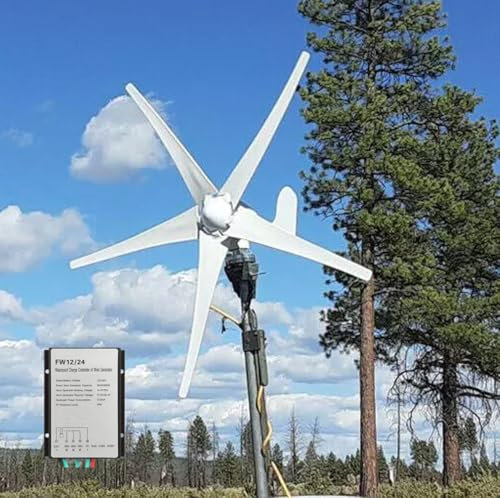 500W Horizontal Windkraftanlage 12V 24V Windturbinen 3-Phasen Generator 5-Blätter Windgenerator Komplettanlage für Stromergänzung,mit MPPT Laderegler (12, Volt)