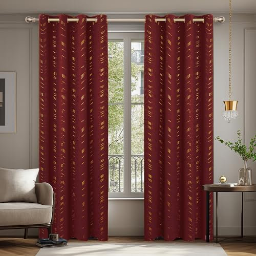 Deconovo Verdunkelungsvorhänge mit Ösen Blickdichte Gardinen Wohnzimmer Dicke Wärmeschutz VorhängeKälteschutz Thermogardine mit Linienmuster, 175x140 cm(HöhexBreite), Rot, 2er Set