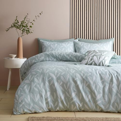Appletree Mintgrüner Jacquard-Bettbezug mit Blättern – Super-Kingsize-Bettwäsche (260 x 220 cm) – nachhaltiges recyceltes Polyester – 2 Kissenbezüge – weiße Blätter in Grün – grünes Blumenmuster