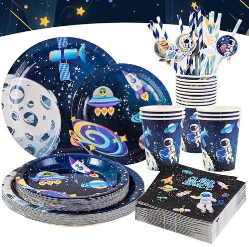EASY JOY 96 PCS Space Party Tableware Space Themed Paper Plates Cups Napkins Solar System Astronaut Birthday Decor Galaxy Straws for Boys Kids Birthday Baby Shower Party Supplies