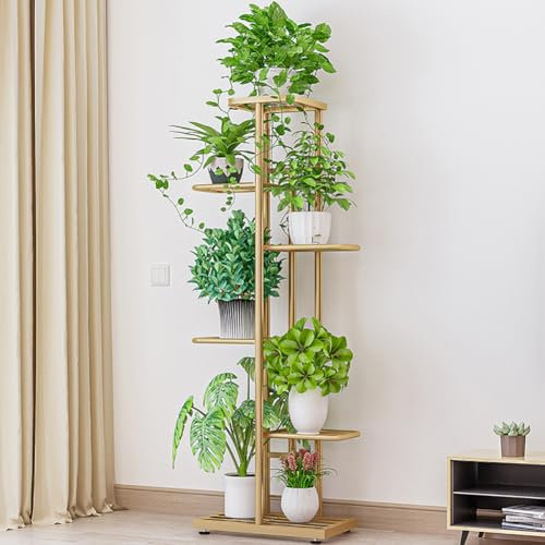 Zstar Soporte para plantas con 6 niveles, estantería de metal para plantas, varios niveles, banco de flores, escalera para plantas, estantería de pie para interior, jardín, balcón, decoración, dorado