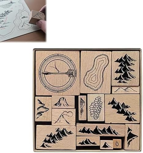 Handmade Map Making Stamp Kit,16 Pieces Vintage Wooden Rubber Stamps,Map Making Stamp Kit,Rubber Stamps for Card Making,Gift Cards DIY Scrapbook,DIY Craft Wooden Rubber Stamps (1 pcs)