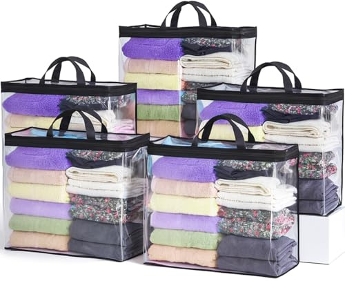 Clear Zippered Storage Bag Foldable Storage Bag, 22L Clear Storage Bags for Clothes, and Blanket Storage Bags for Bedding, CDs, Blankets, Comforters, Clothing (Black, 5 Pack)