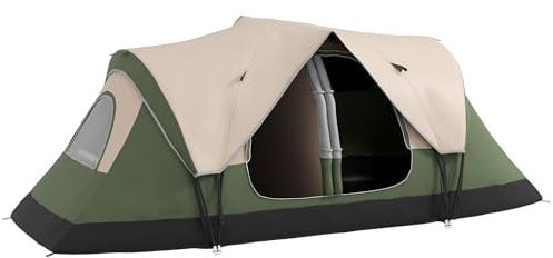 Outsunny Campingzelt, Tunnelzelt für 6-8 Personen, mit Lichthaken, Meshfenster, 2 Räumen Winddicht Familienzelt mit Tragetasche, 2000mm Wasserabweisend Gruppenzelt für Camping, Garten, Dunkelgrün