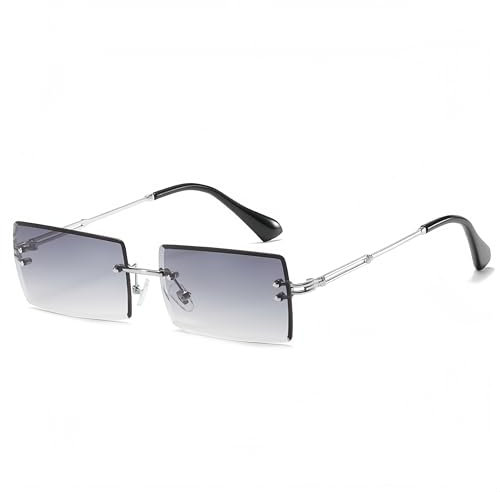 YOJUED Vintage Randlose Sonnenbrille für Damen und Herren Mode Retro Rechteck Brille UV400 Schutz (Silber/Grau)