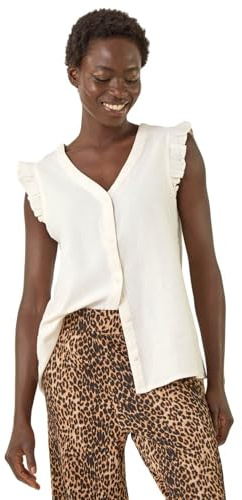 Roman Originals Tropical Print Frill Sleeve Vest for Women UK - Ladies Everyday Holiday Spring Summer V-Neckline Comfy Soft Evening Vacation Work Party - Ivory - Size 18