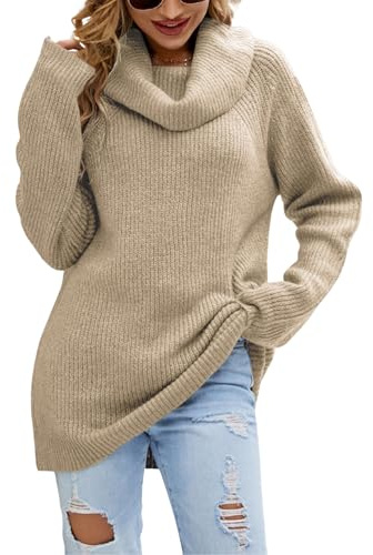 JFAN Pull Femme Hiver Chaud Chic e Elegant Pull Col Roulé Long Femme Manche Longue Pullover Oversize Tricoté(Kaki,M)