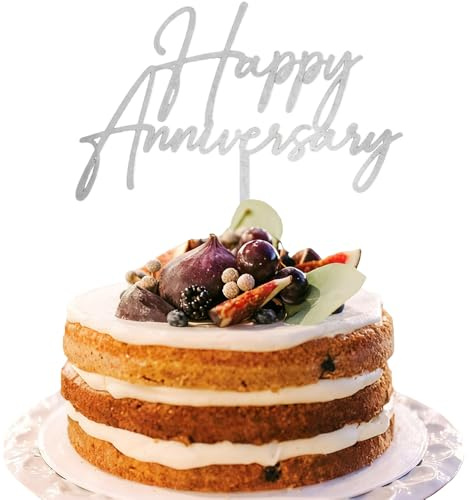 Happy Anniversary Cake Topper, Wedding Anniversary Cake Topper, Wedding Cakes Decorations, HSC Sliver Cakes Decoration Acrylic Celebration Decorations for Parties, Valentine's Day