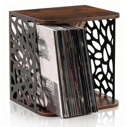 WPAJIRZO Vintage Schallplattenregal aus Holz - Schallplatten Aufbewahrung für bis zu 70 LPs, Vinyl Ständer im Industrial-Look, Schallplattenhalter Alben Storage für Wohnzimmer und Studio