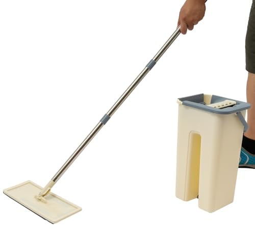 Flachmopp und Eimer-Set, 128cm Wischmopp mit 8L Doppelfach Putzeimer, Mop Set mit 10 Tüchen
