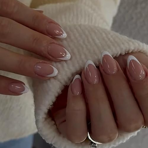 MouyouGlow Press on Nails Kurz,Almond Nude Weiß 3D Striped French Design Mandel Short Fake Nails,Natural White Tips Twill Sweet INS Künstliche Fingernägel für Frauen