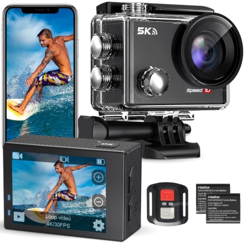 Hiicam Speed 10 Action Cam, 5K30FPS 30MP Action Cam 40M Caméra sous-Marine étanche WiFi 170° Ultra Grand Angle EIS Caméra d'action Zoom 5X avec télécommande et 2 Batteries 1350 mAh 64 Go