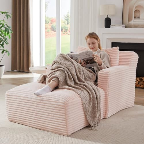 DRIXNO Ecksofa mit Schlaffunktion, Cord Schlafsofa, Sofa Bett mit Kissen, Relaxsessel mit Federführung, Modulares Sofa, Schlafsessel für Wohnzimmer, Schlafzimmer, Büro, Platzsparend, Rosa