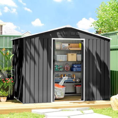Outsunny Caseta de Jardín Exterior 3,6 m² 236x174x190 cm Gris Oscuro | Cobertizo de Jardín Exterior Metálico, Puertas Correderas, Ranuras de Ventilación, para Almacenamiento de Herramientas
