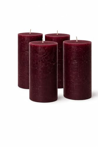 4er Set Stumpenkerzen Rustic 110x70mm | Selbstverlöschend (Safe Candle) | RAL-zertifiziert & durchgefärbt | 51h Brenndauer | Dekokerzen | Qualität Made in Germany (Dunkel Rot)