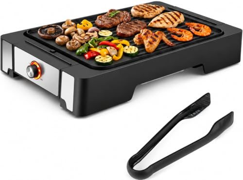 COSTWAY Parrilla Eléctrica 2300W, Placa Grill con 2 Zonas, 53 x 31 x 8,5cm | Bandeja Recogegrasa y Perilla de Control, Plancha Eléctrica para Interior y Exterior