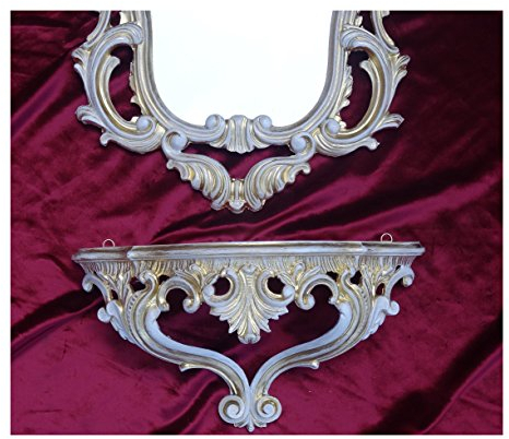 Lnxp 2-teiliges Set in Gold Weiß Dualcolor bestehend aus Wandspiegel + Wandkonsole Oval Barock Antik 50x76cm Flur Eingangsmöbel Möbel Konsole Ablage Spiegel + Wandregal